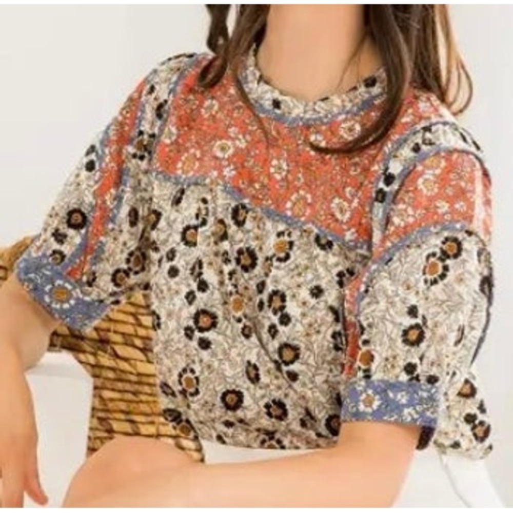 New THML Anthro Rosanna Mixed Media Floral Blouse Womens S Ruffle Cottagecore‎